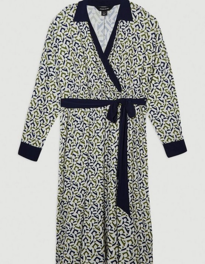 Geo Print Crepe Tie Waist Maxi Dress
