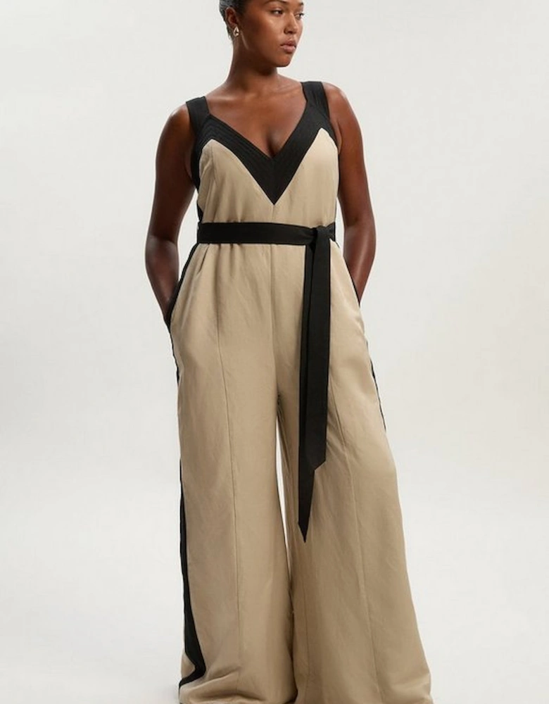 Plus Size Contrast Linen Cross Back Woven Jumpsuit