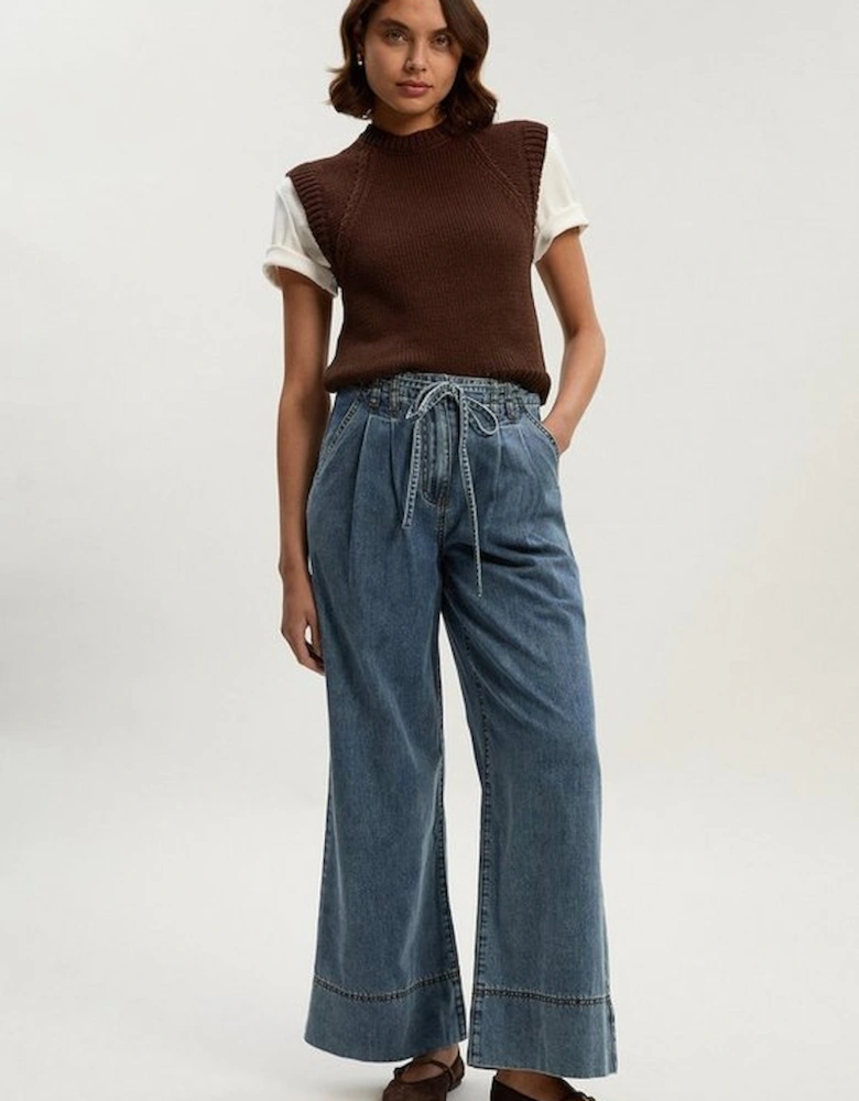 Denim Tie Waist Wide Leg Tailored Trouser