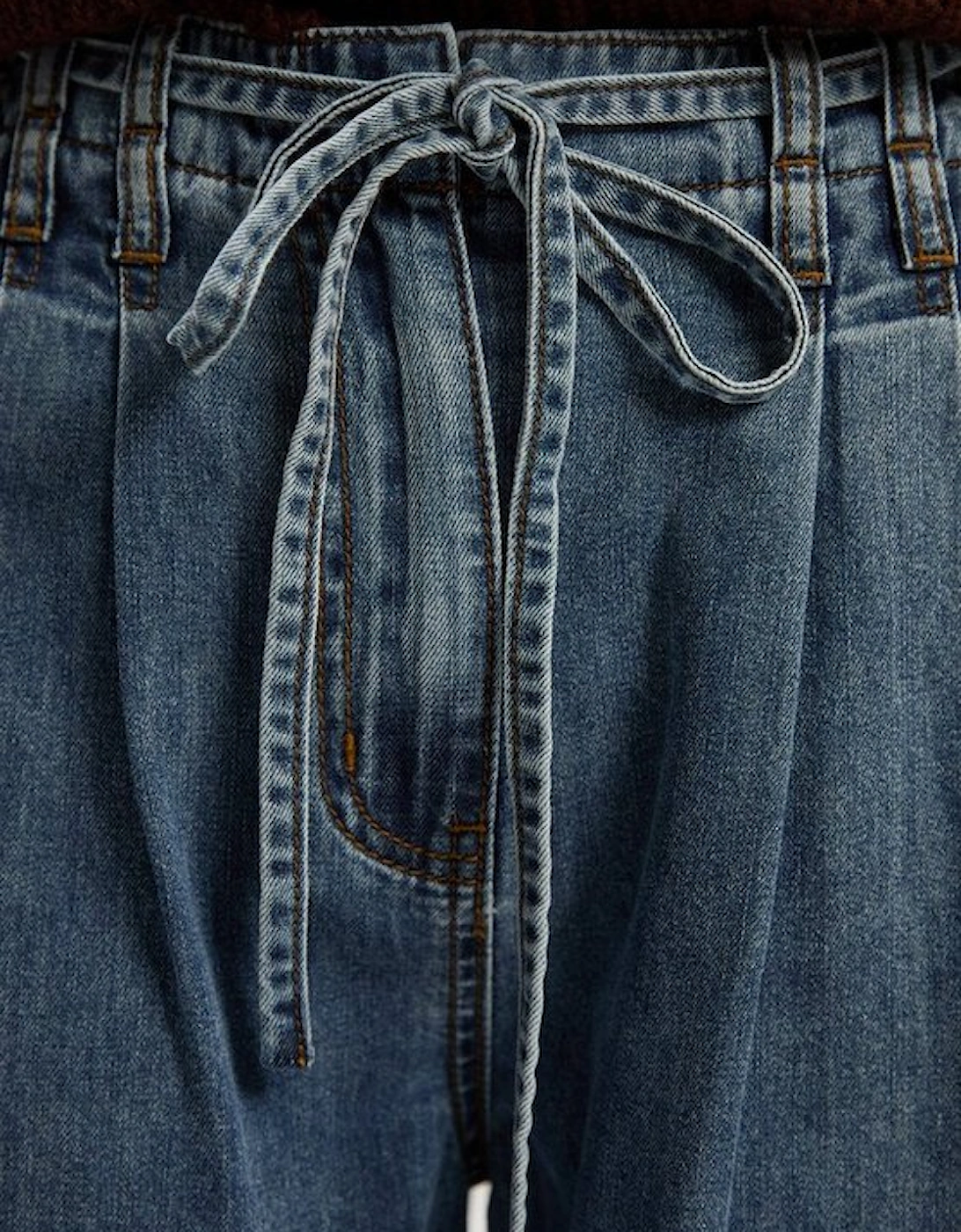 Denim Tie Waist Wide Leg Tailored Trouser