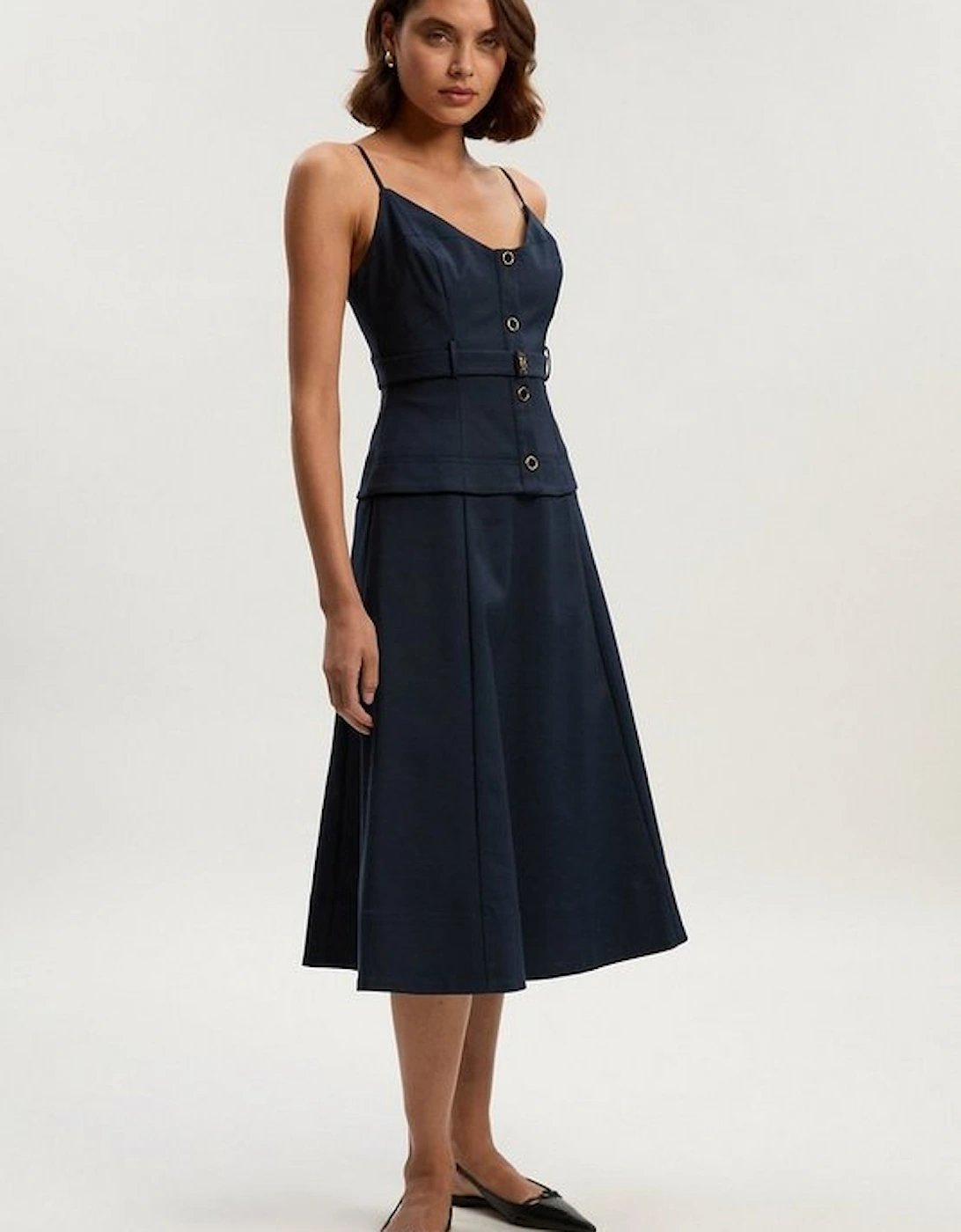 Techno Strappy Belted Hardware Detail Woven Midi Dress