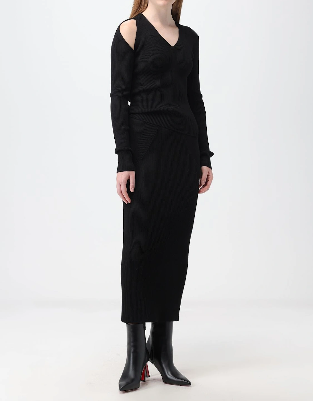 Ribbed Knit Cutout Shoulder Sweater Dress