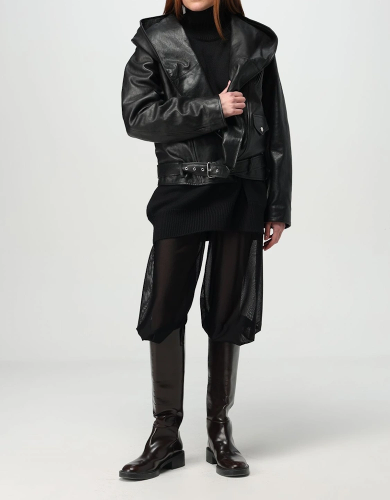 Hooded Leather Belted Jacket