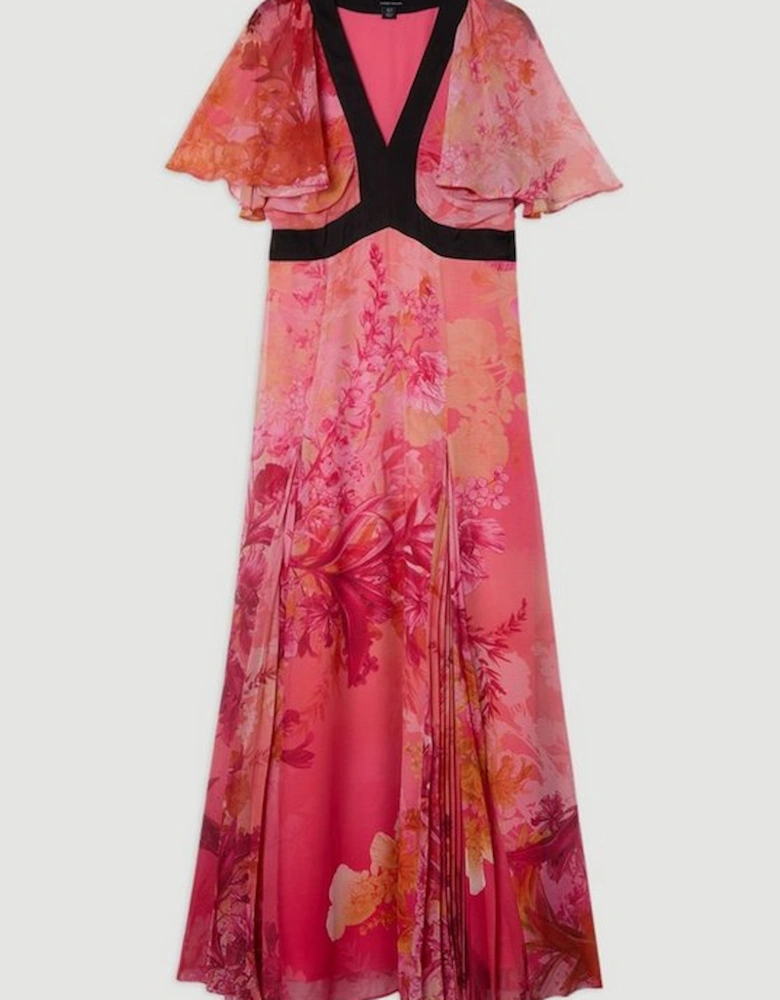 Pleated Floral Godet Panel Woven Maxi Dress