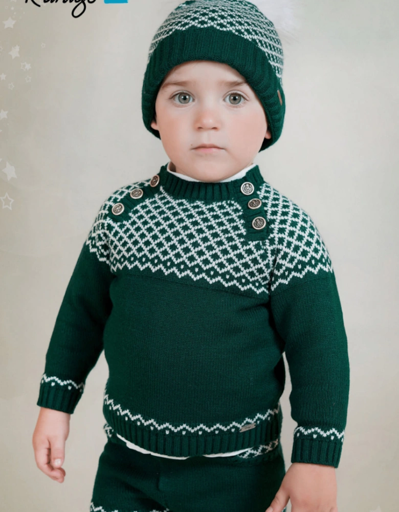 Boys Green and White Knit Short Set