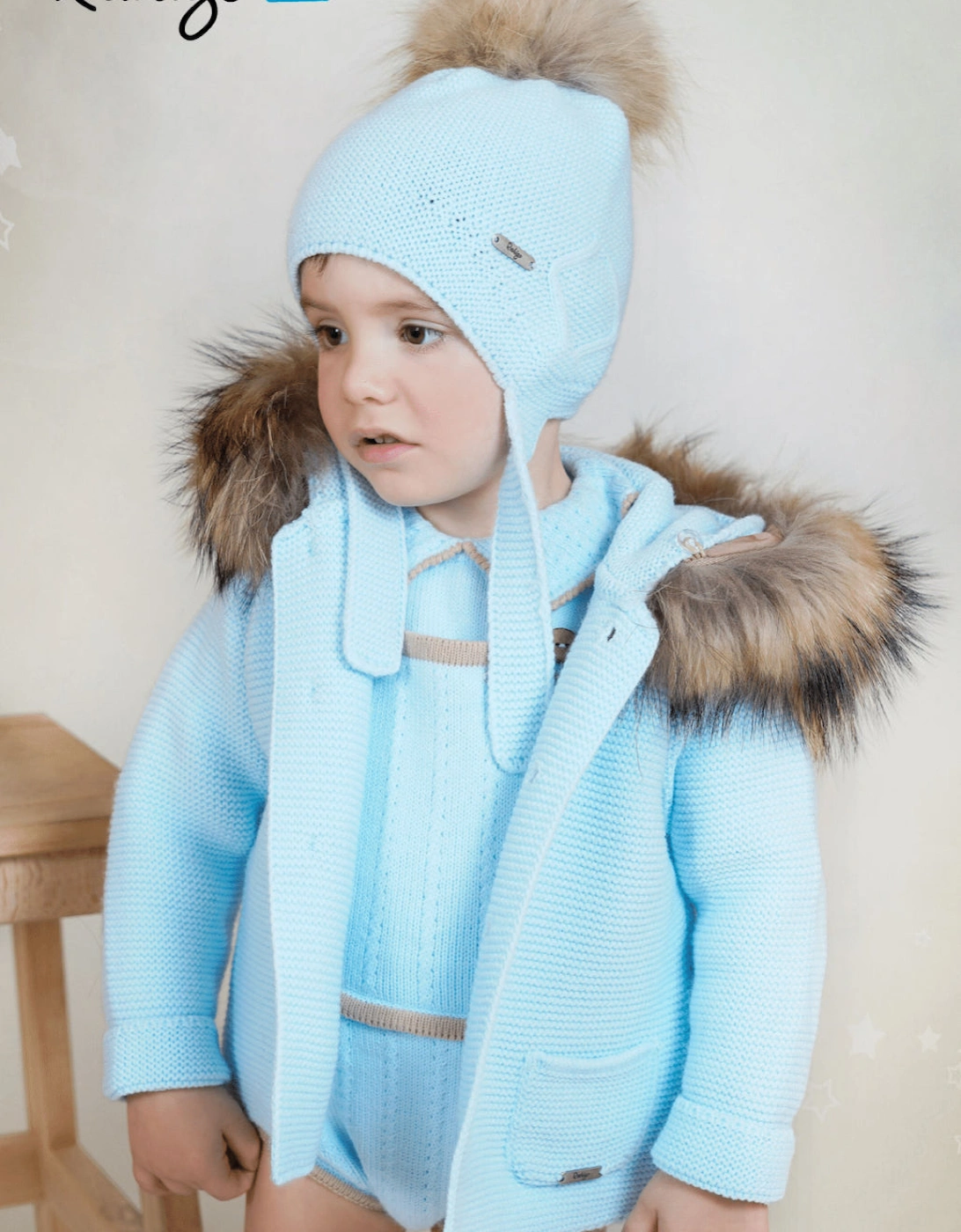 Boys Pale Blue Knit Fur Trim Cardigan