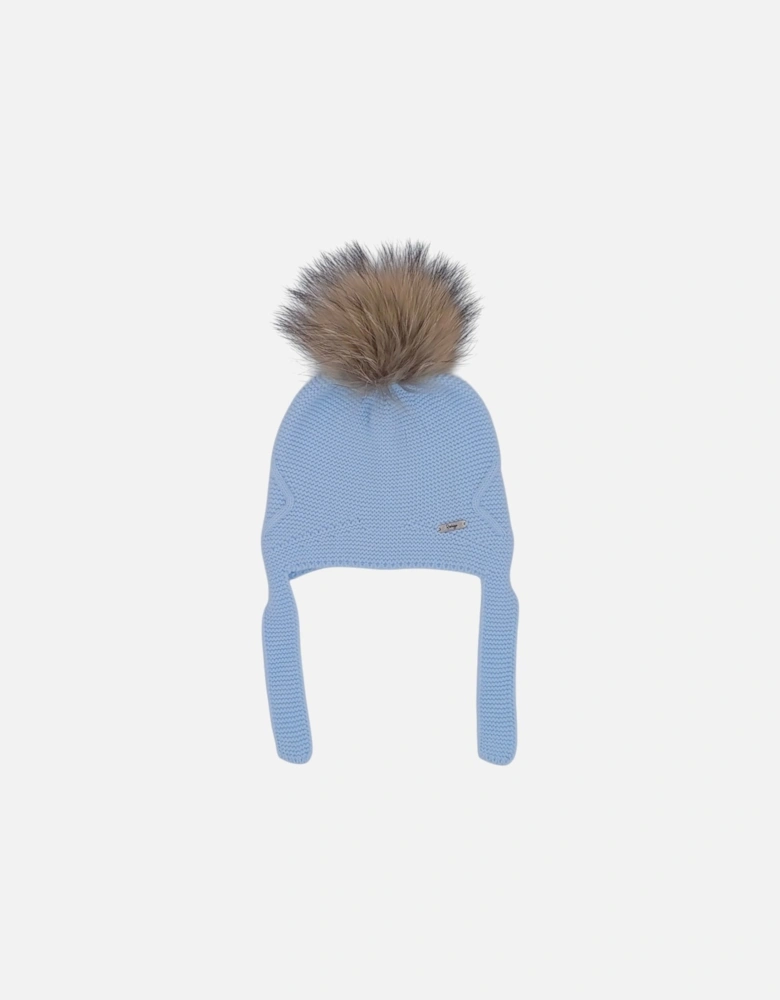 Boys Pale Blue Knit Fur Tie Hat