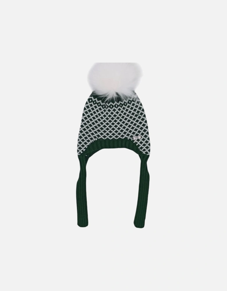 Green and White Knit Fur Tie Hat