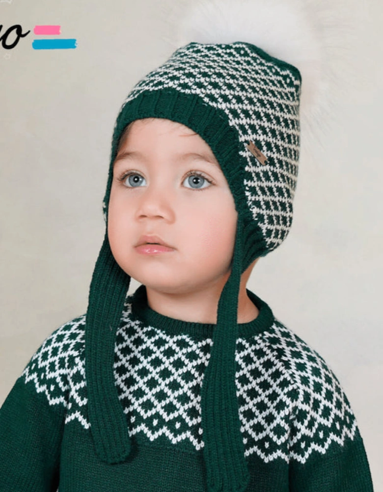 Green and White Knit Fur Tie Hat