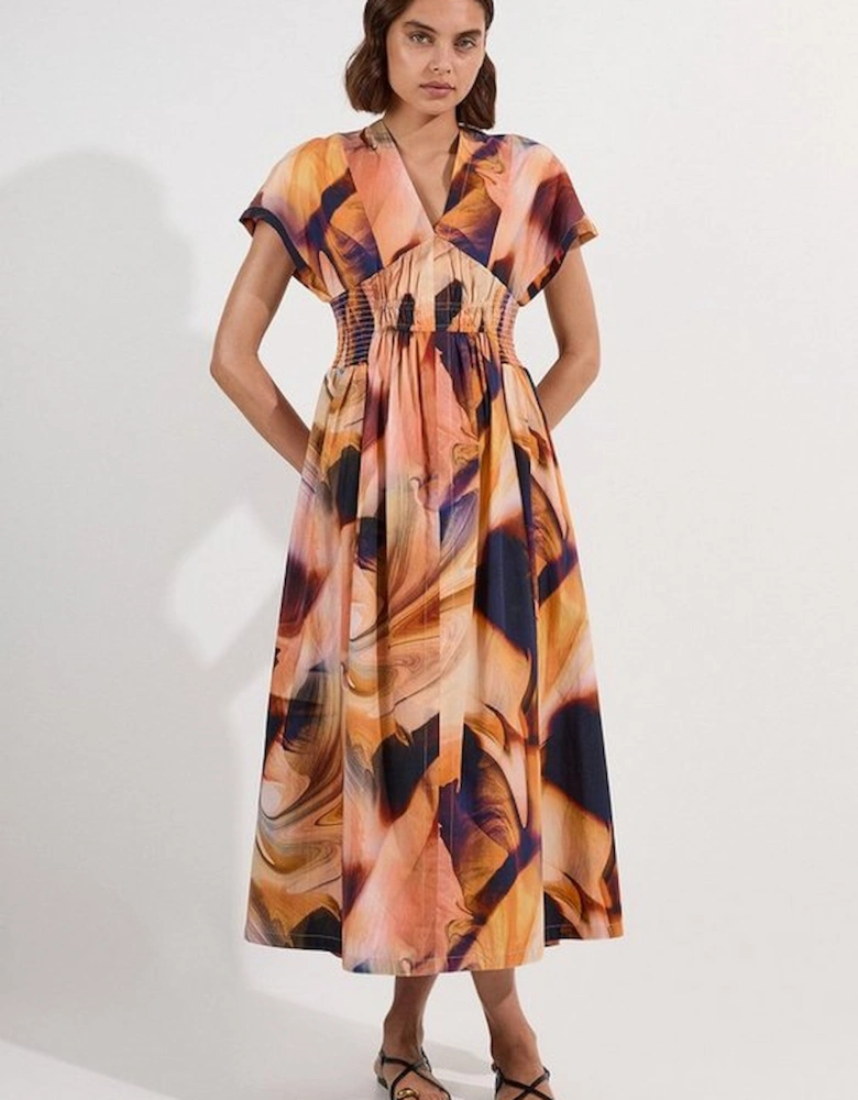 Shirred Cotton Printed Woven Plunge Neck Short Sleeve Maxi Dress