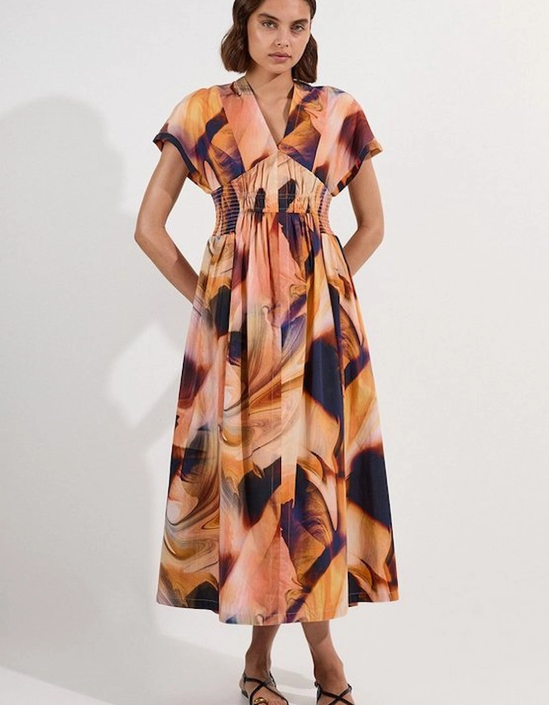 Shirred Cotton Printed Woven Plunge Neck Short Sleeve Maxi Dress, 2 of 1