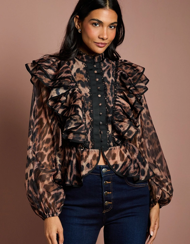Long Sleeve Leopard Organza Frill Blouse