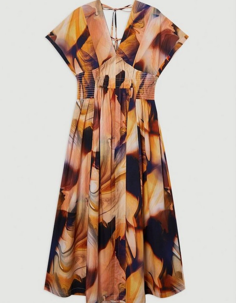Shirred Cotton Printed Woven Plunge Neck Short Sleeve Maxi Dress