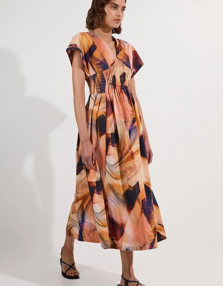 Shirred Cotton Printed Woven Plunge Neck Short Sleeve Maxi Dress