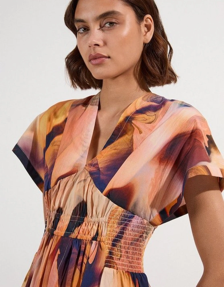 Shirred Cotton Printed Woven Plunge Neck Short Sleeve Maxi Dress