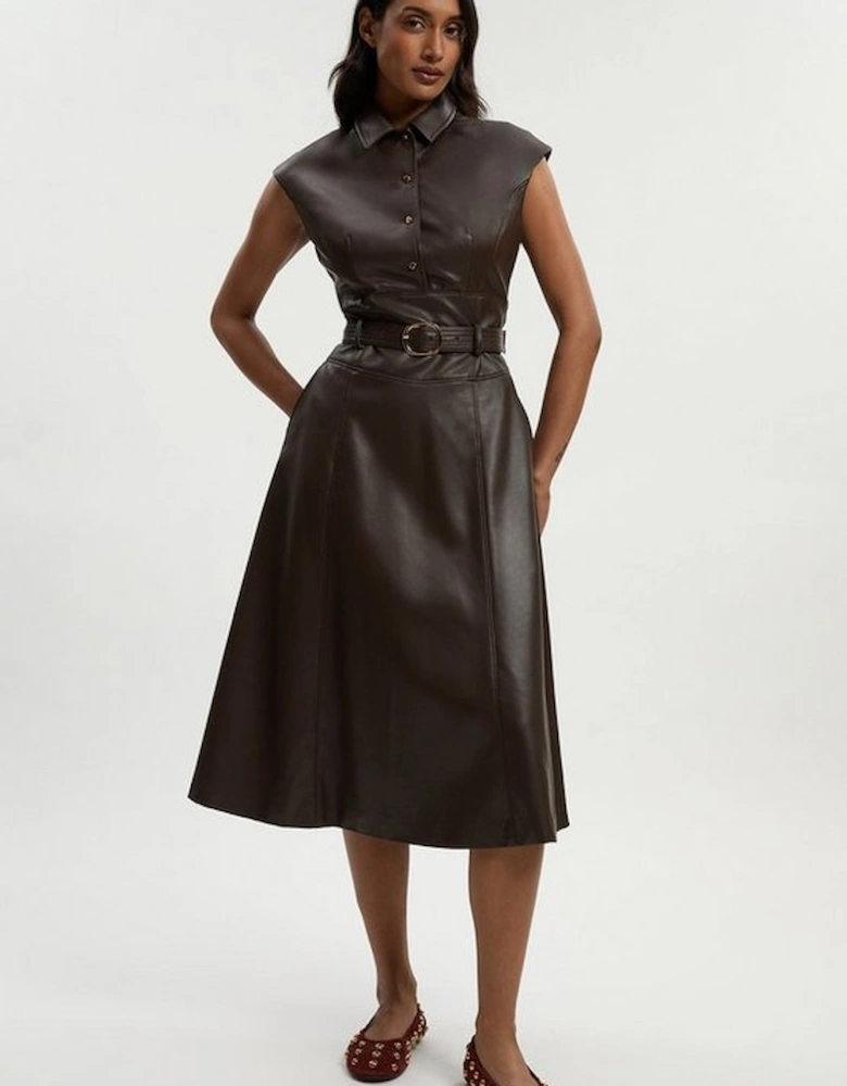 Faux Leather Belted Midi Dress