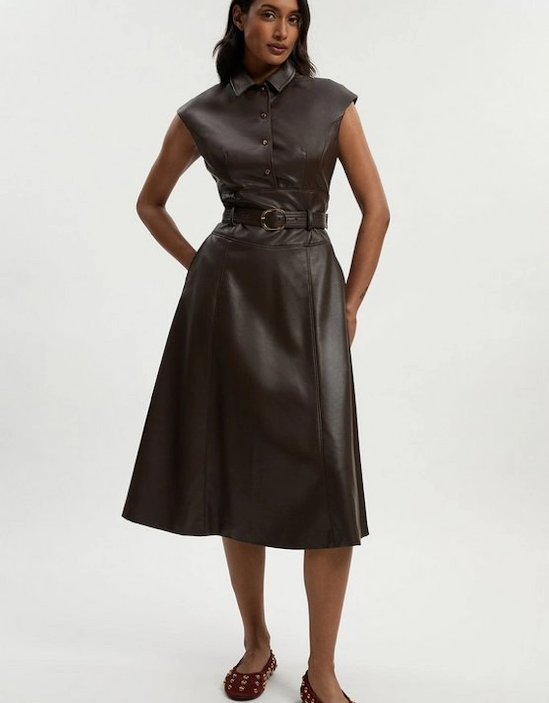 Faux Leather Belted Midi Dress, 2 of 1