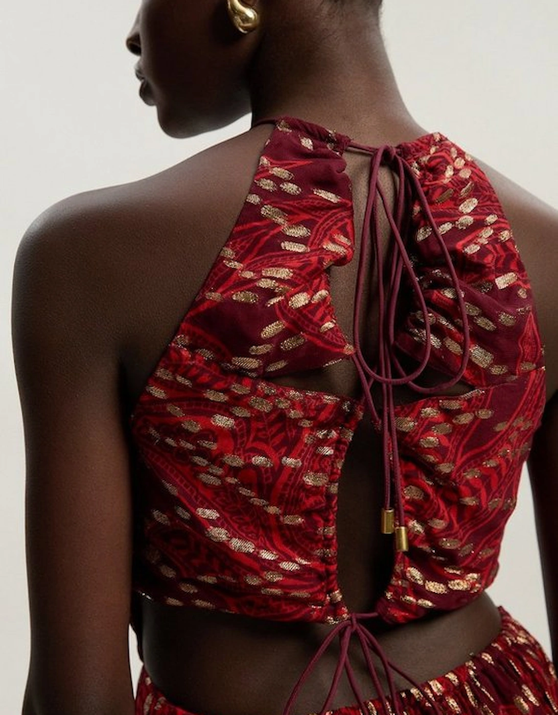Printed Metallic Viscose Georgette Thread Halter Woven Mini Dress