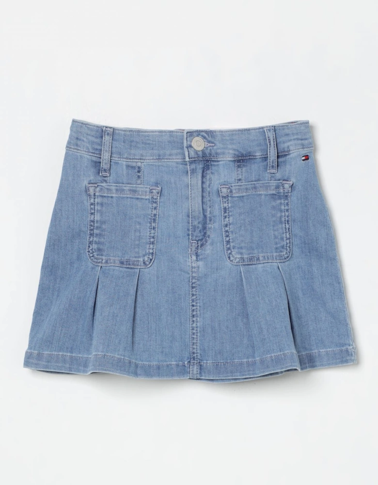 Pleated Denim Skirt with Pockets
