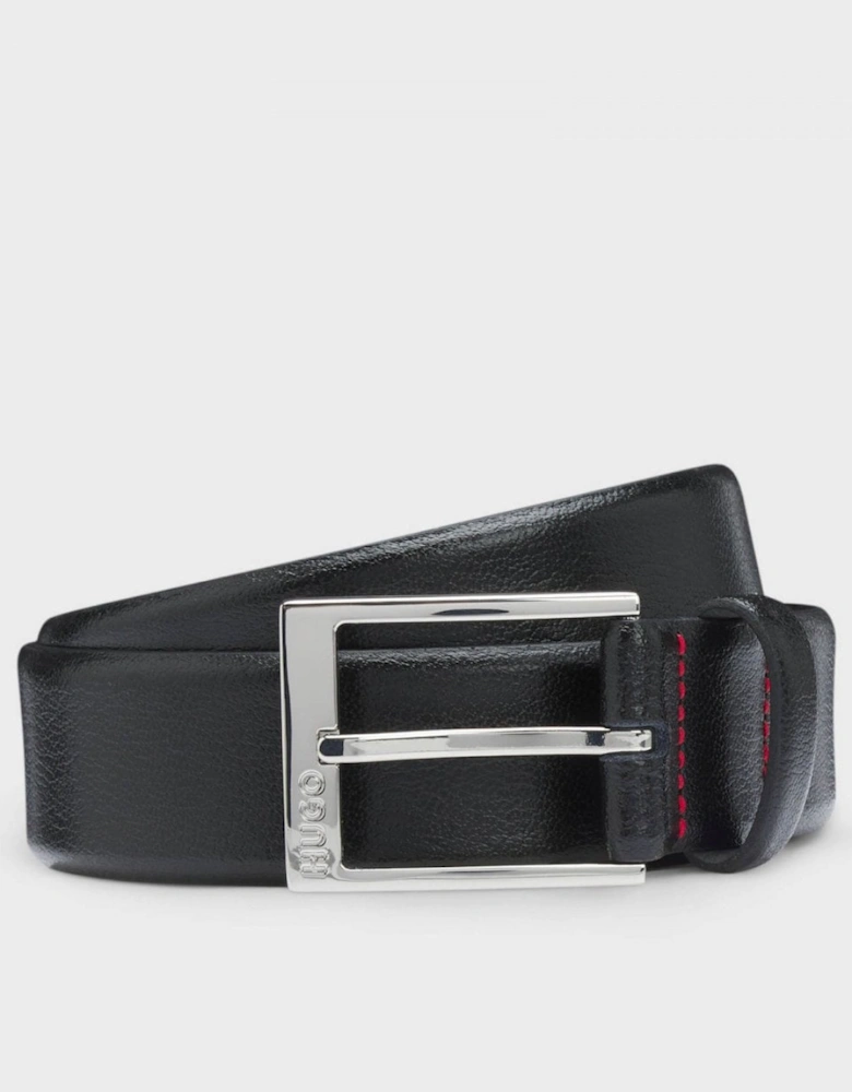 HUGO Gellot Mens Grained-Leather Belt with Logo Engraved Buckle - Black 001