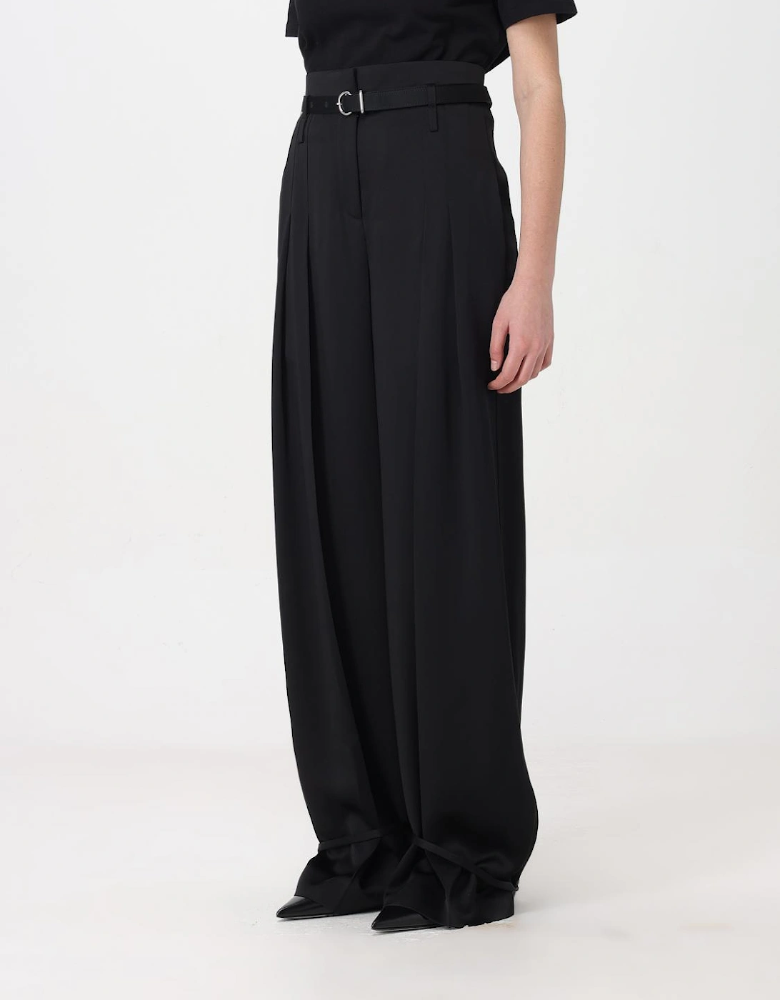 Wide Leg Pleated Trousers Ankle Tie