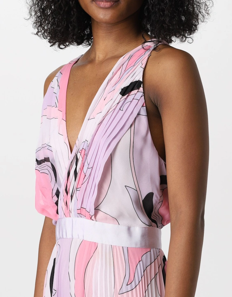 Pleated Maxi Dress Abstract Floral Print