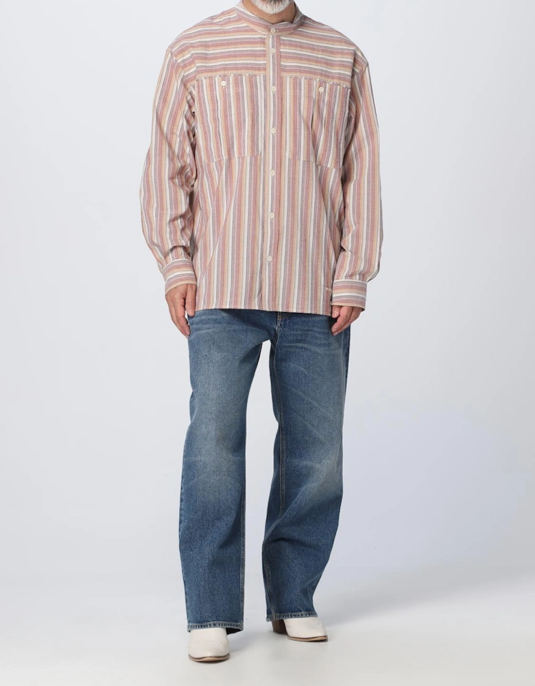 Striped Cotton Shirt Mandarin Collar