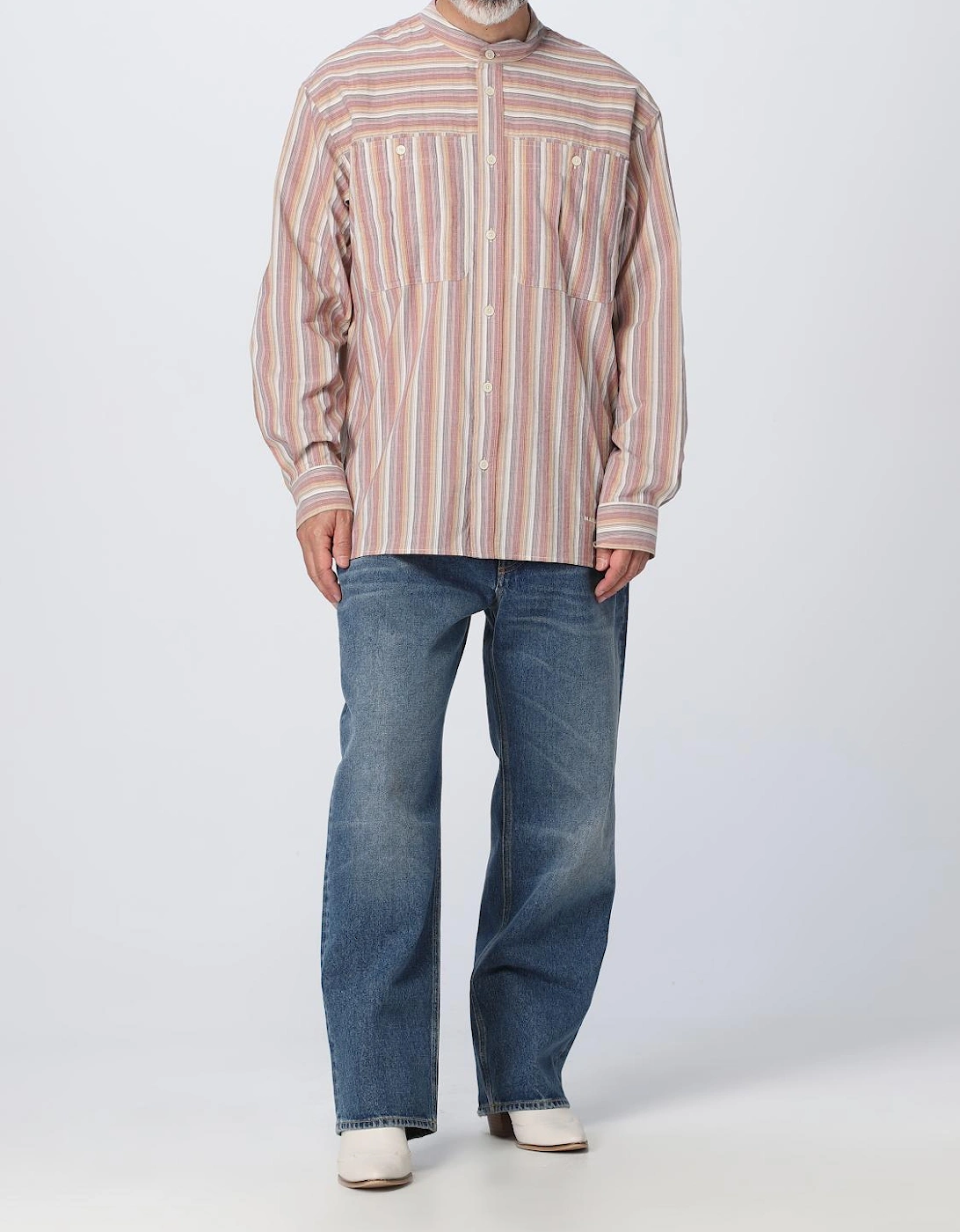 Striped Cotton Shirt Mandarin Collar