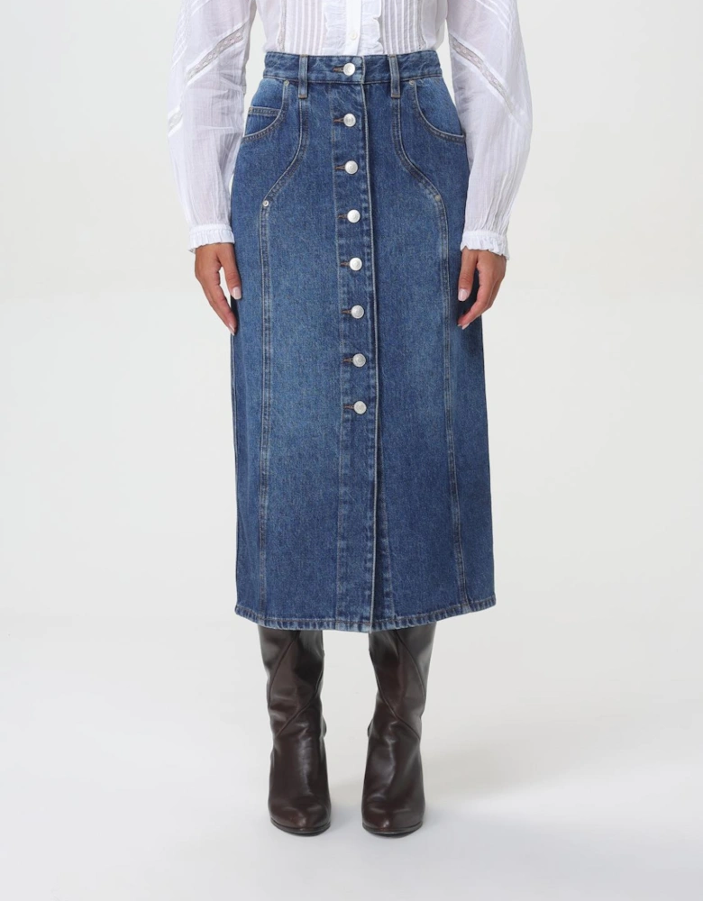 Button Front Denim Midi Skirt