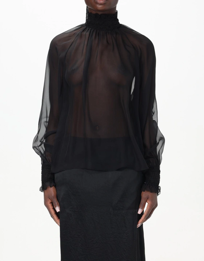 Sheer High Neck Long Sleeve Blouse