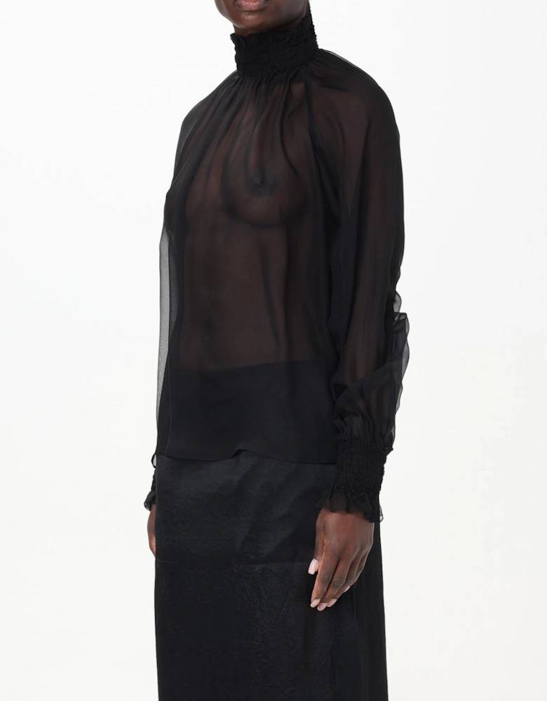 Sheer High Neck Long Sleeve Blouse