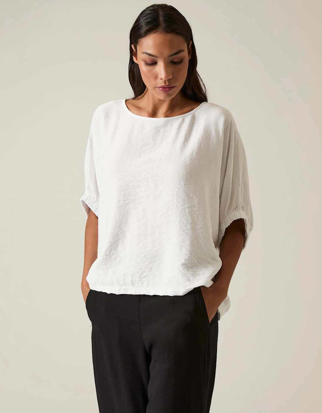 White Gathered Sleeve Blouse