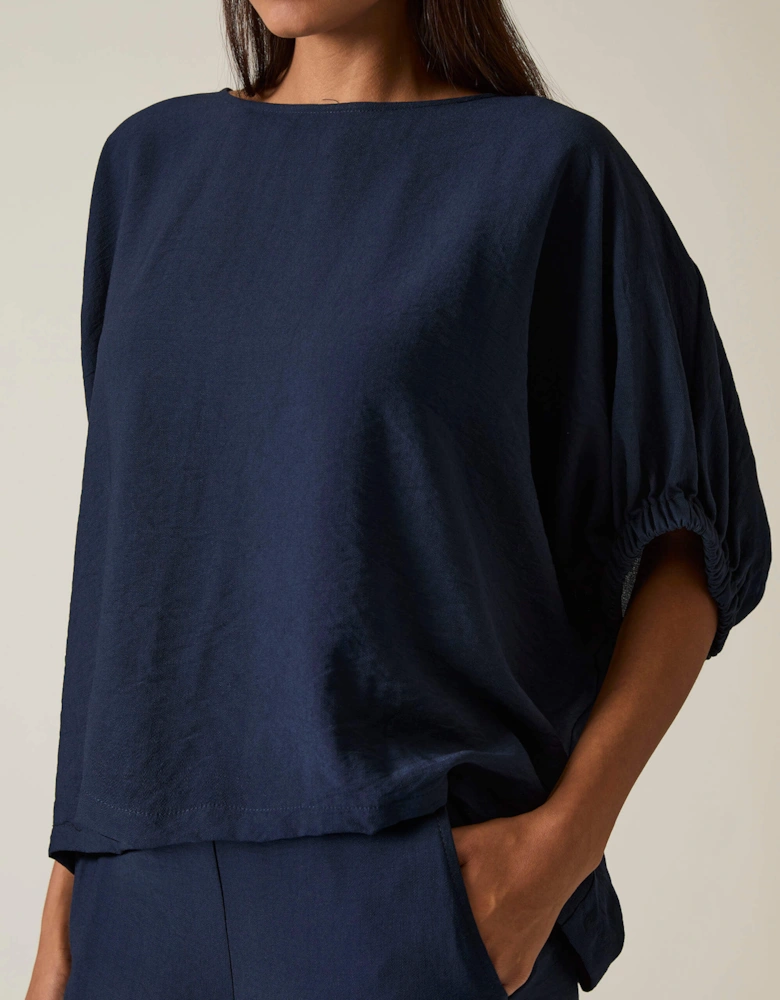 Navy Gathered Sleeve Blouse