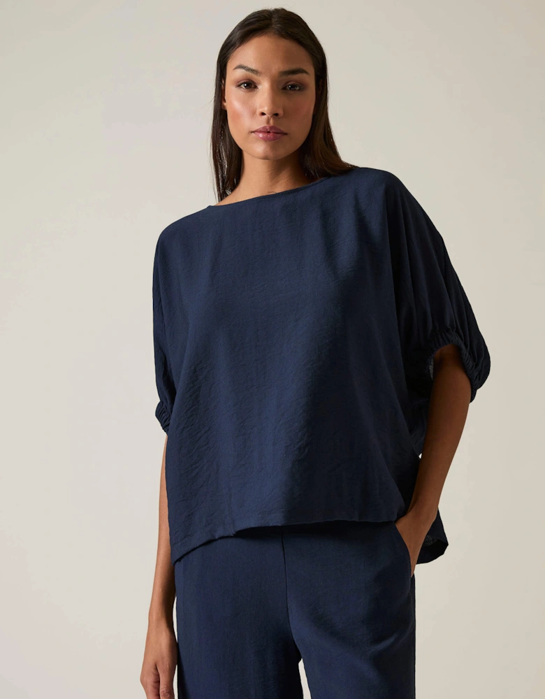 Navy Gathered Sleeve Blouse
