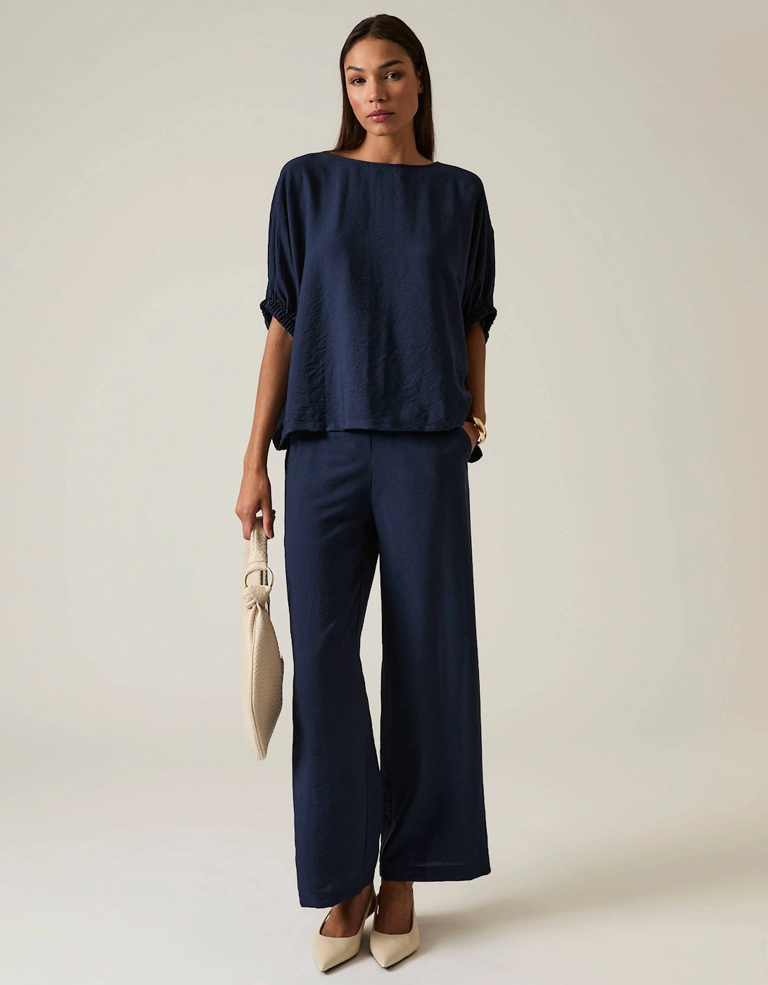 Navy Gathered Sleeve Blouse