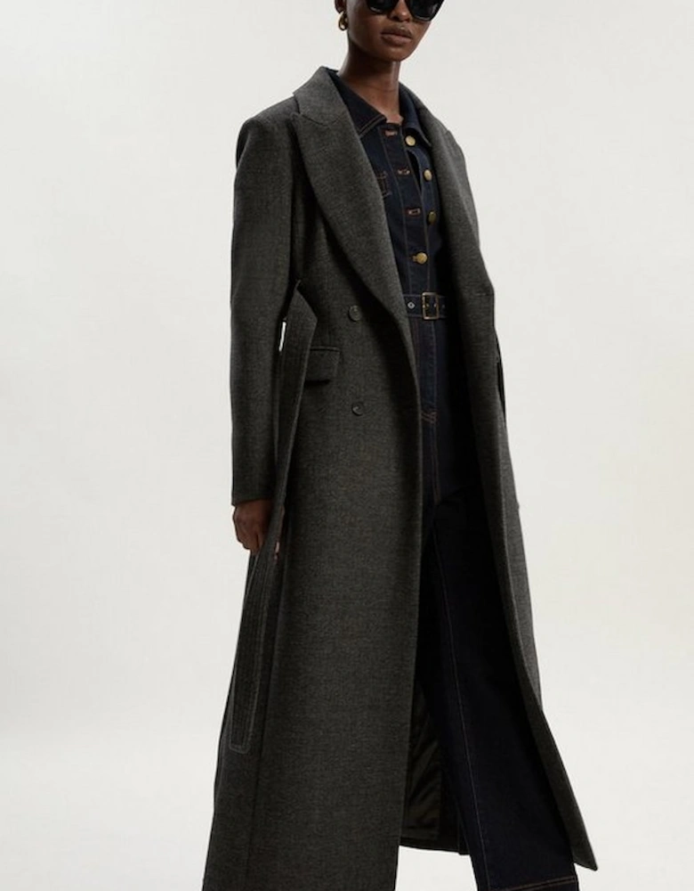 Brushed Wool Check Double Breasted Belted Tailored Maxi Coat