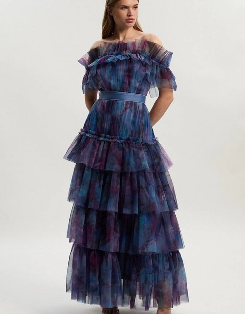 Floral Print Tulle Layered Off The Shoulder Maxi Dress