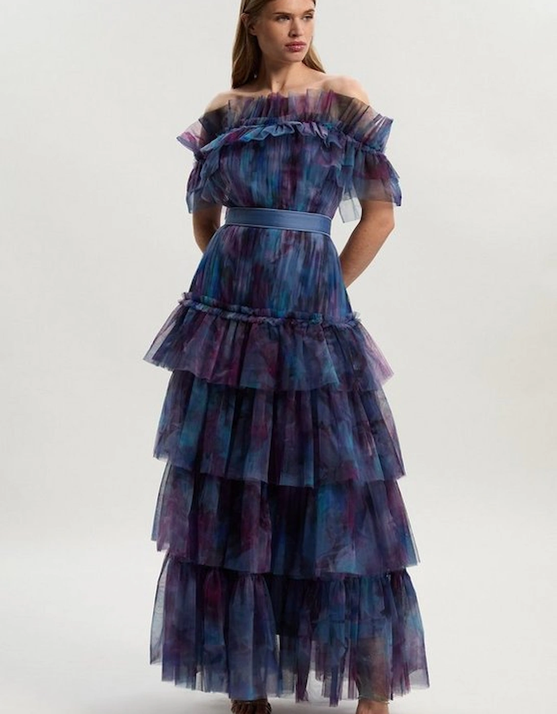 Floral Print Tulle Layered Off The Shoulder Maxi Dress, 2 of 1