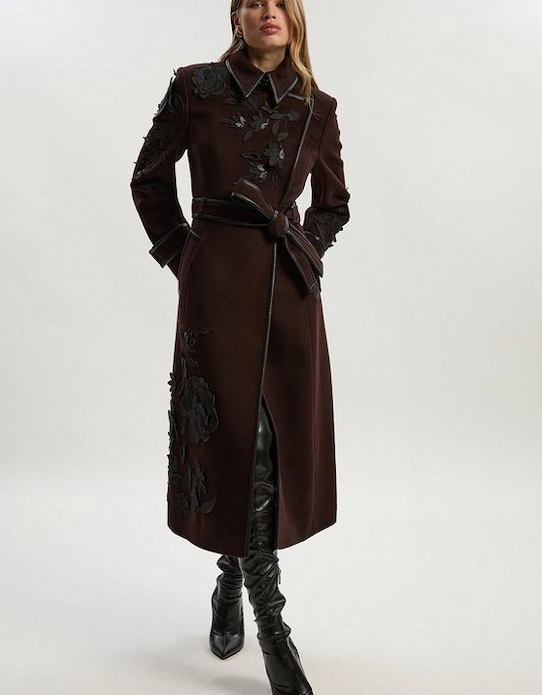 Brushed Wool Pu Mix Placed Floral Embroidery Applique Tailored Midi Coat, 2 of 1