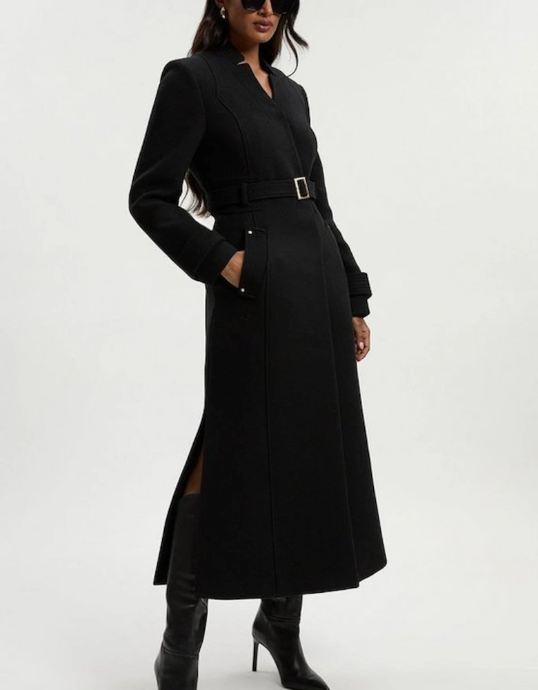 Wool Investment Notch Neck Belted Detail Tailored Maxi Coat