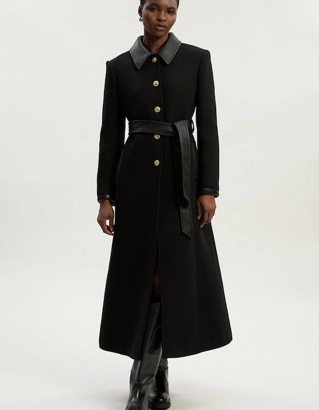 Wool Pu Mix Belted Tailored Maxi Coat, 2 of 1