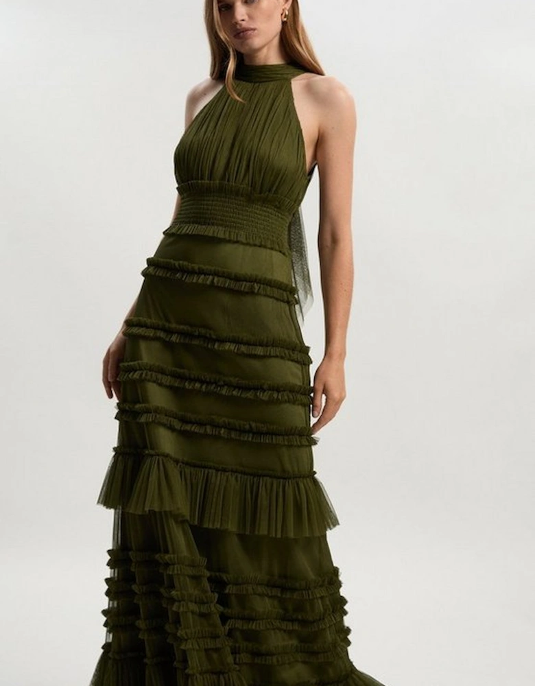 Tulle Layered Halter Neck Maxi Dress