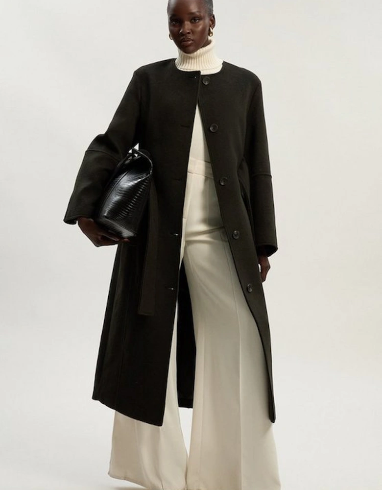 Brushed Wool Single Breasted Belted Tailored Maxi Coat
