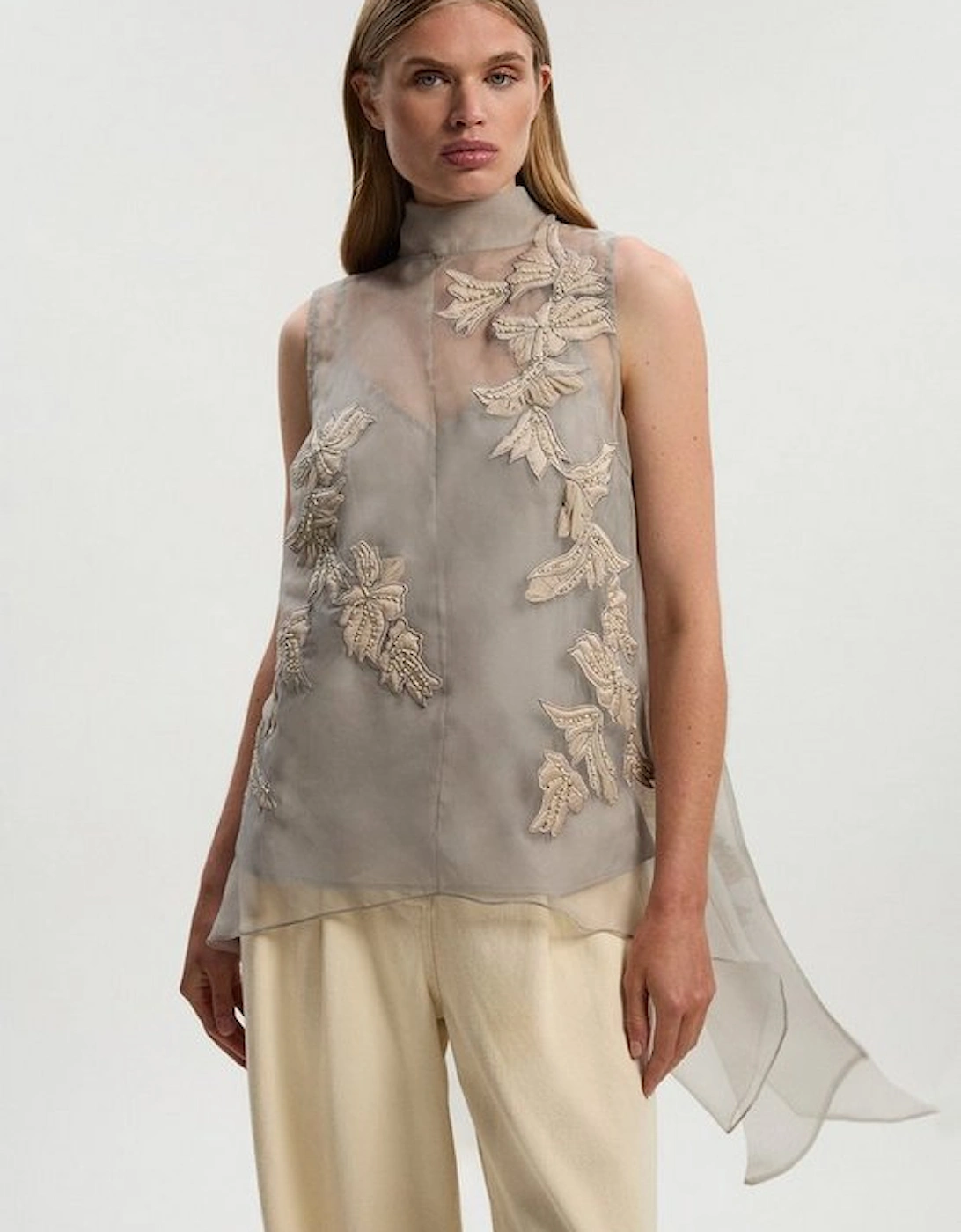 Quilted Applique Organdie Woven Drape Back Blouse, 2 of 1