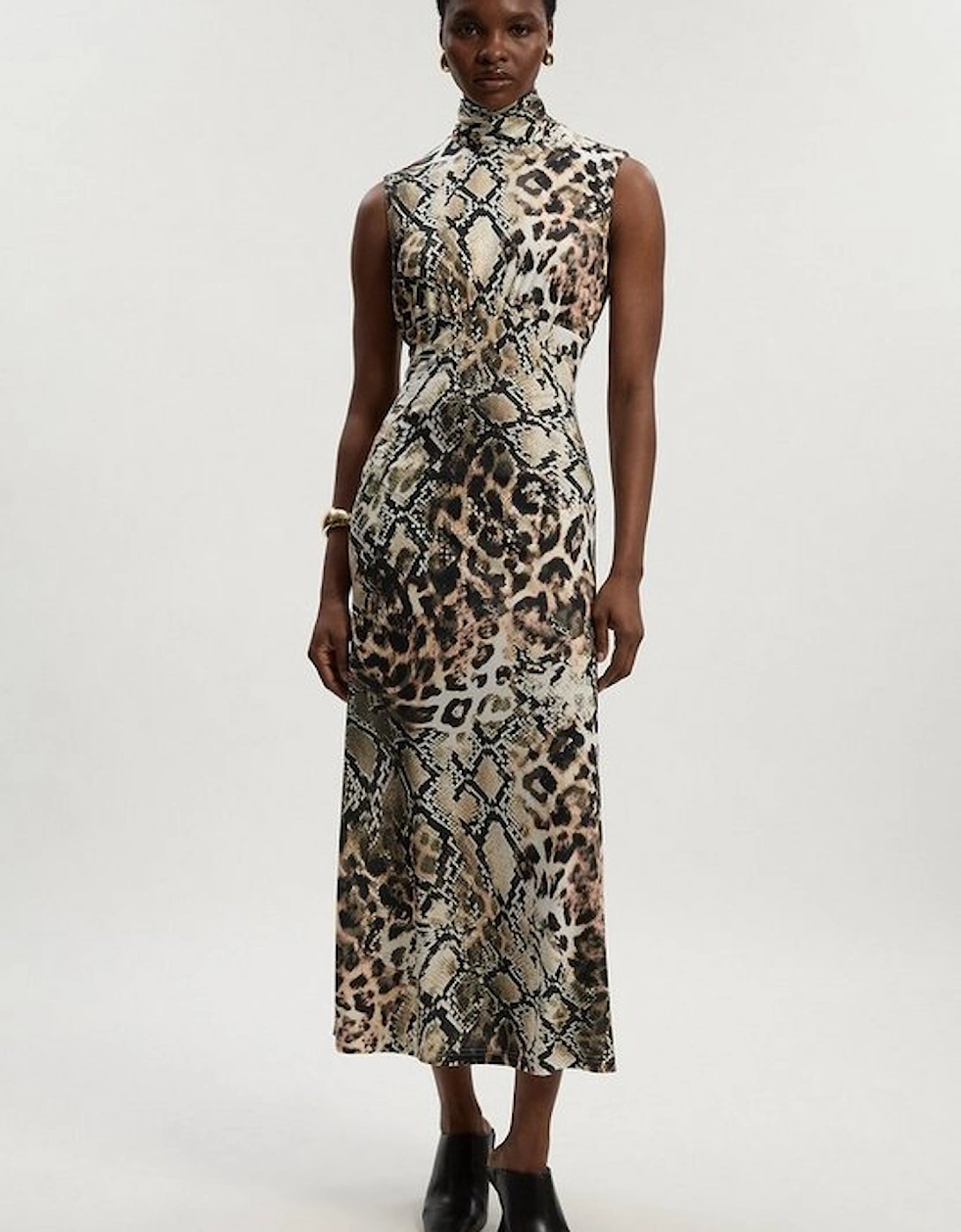Snake Print High Neck Jersey Crepe Maxi Dress, 2 of 1