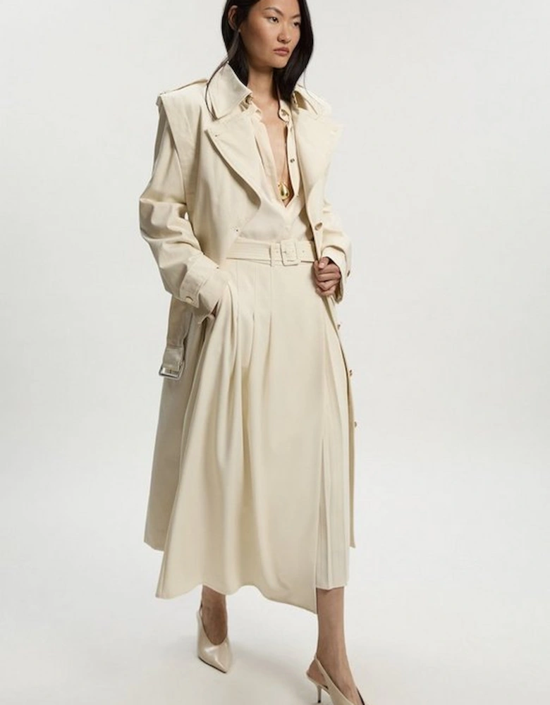Strong Shoulder Belted Midi Trench Coat