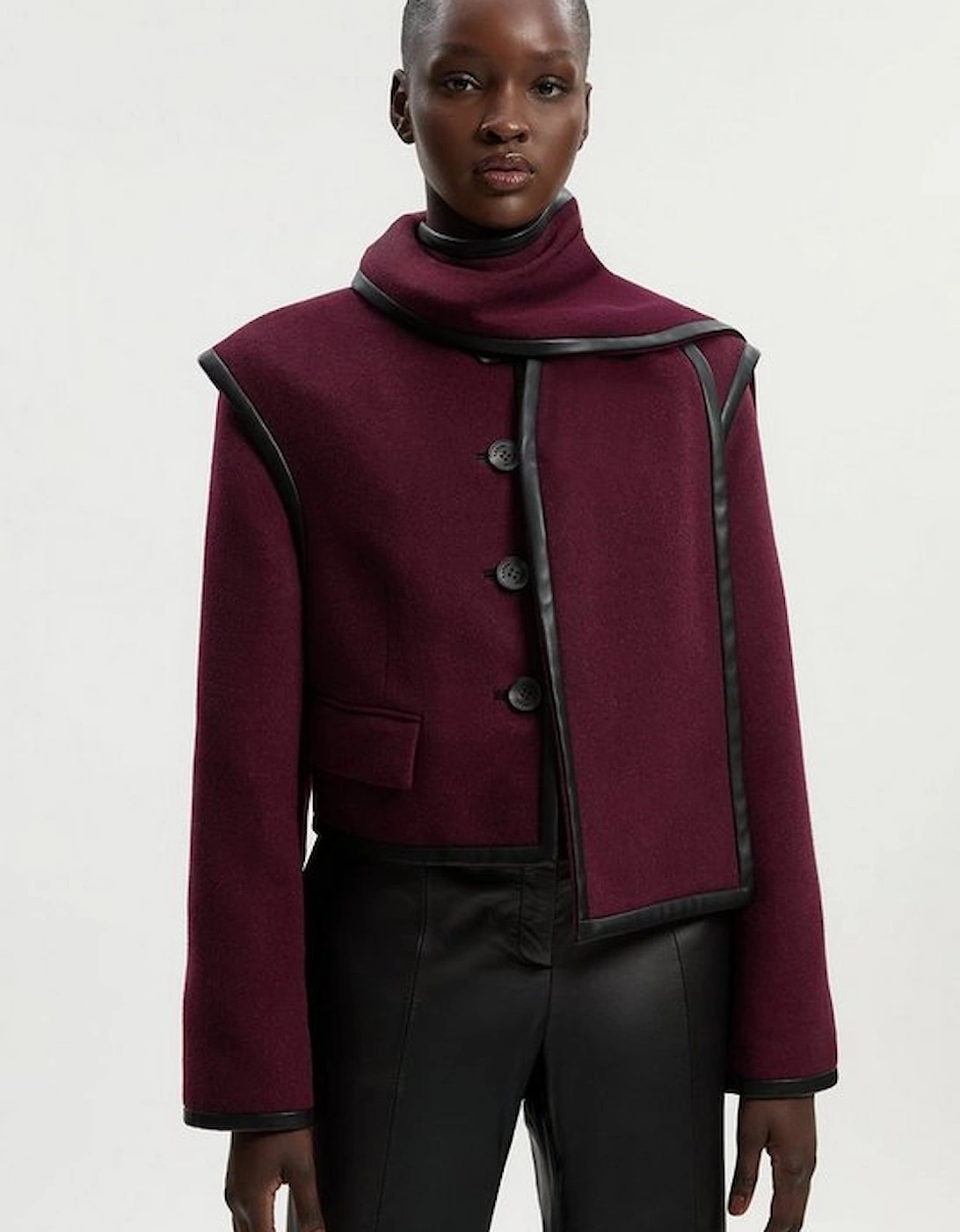 Petite Brushed Wool Pu Mix Detachable Scarf Tailored Crop Coat, 2 of 1