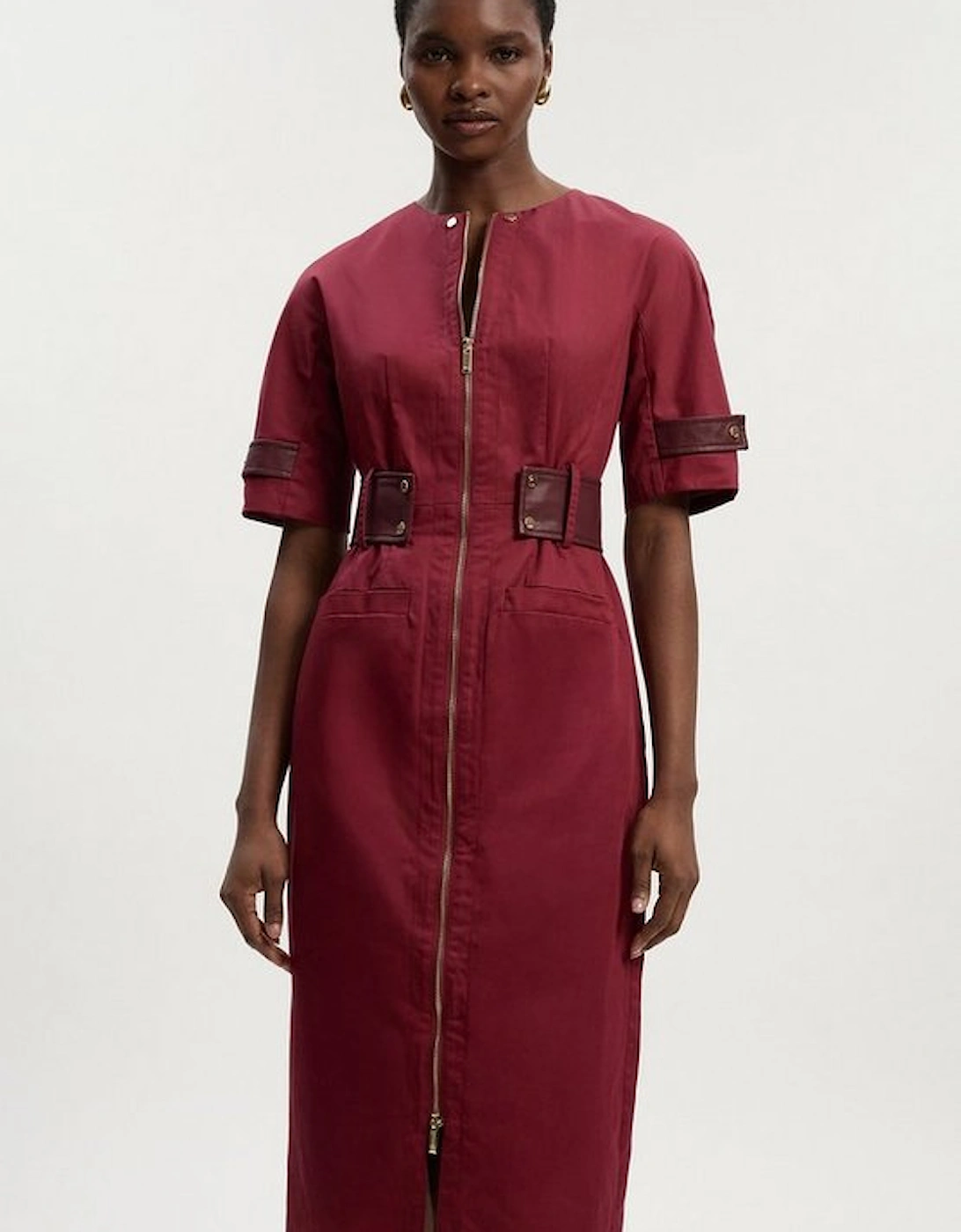 Cotton & Faux Leather Tab Utility Midi Dress, 2 of 1