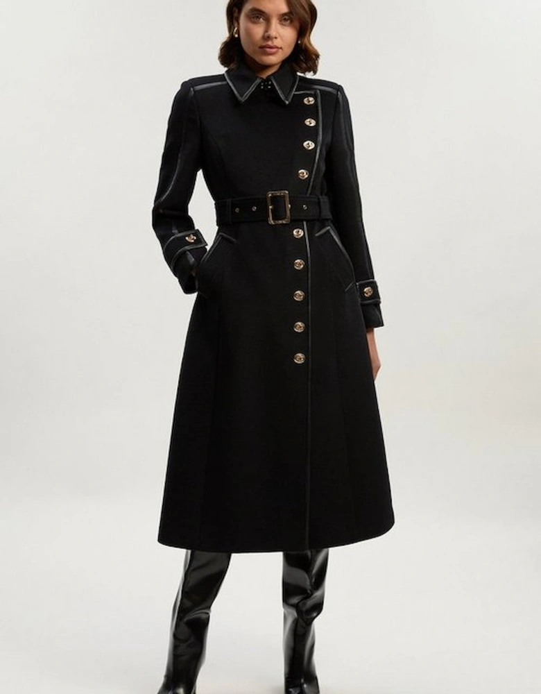 Brushed Wool Pu Mix Gold Trim Belted Midi Coat