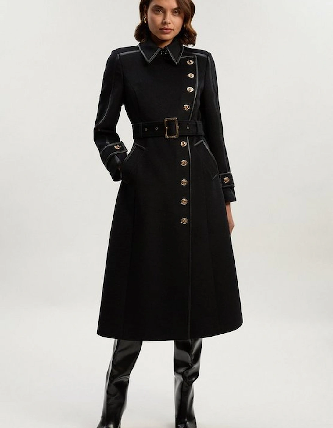 Brushed Wool Pu Mix Gold Trim Belted Midi Coat, 2 of 1